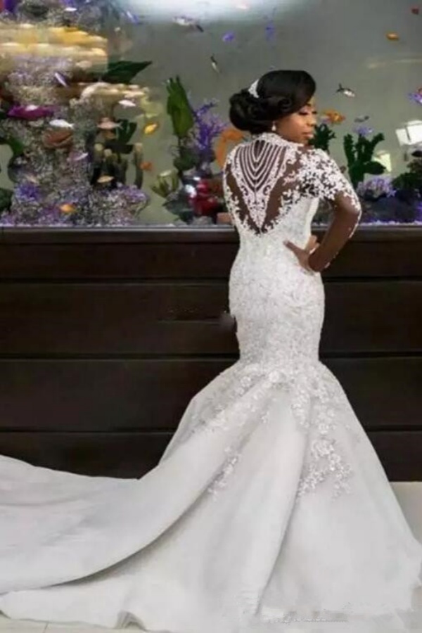 Gorgeous Long Mermaid Beads Lace Appliques High Neck Wedding Dresses with Sleeves