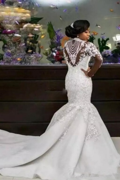 Gorgeous Long Mermaid Beads Lace Appliques High Neck Wedding Dresses with Sleeves