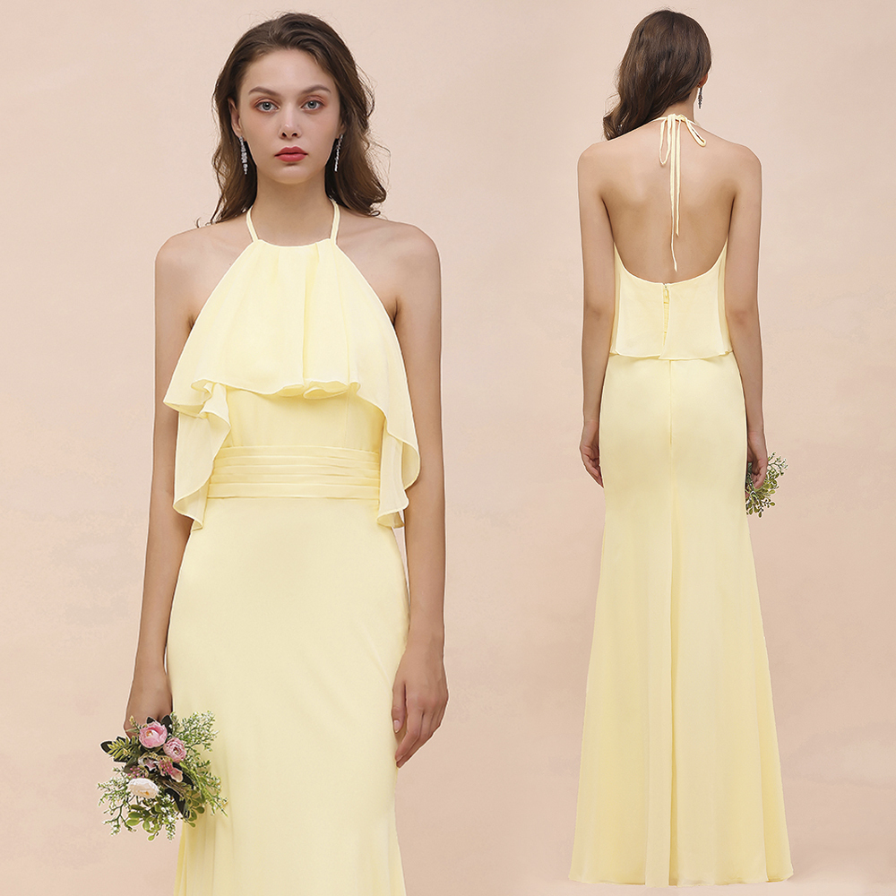 Gorgeous Long Mermaid Halter Chiffon Bakless Bridesmaid Dress with Ruffle