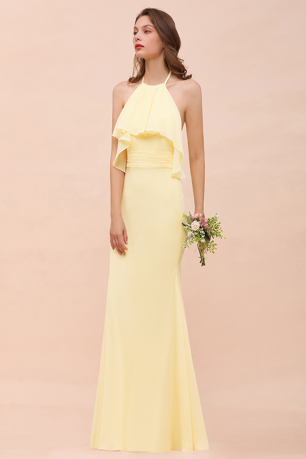 Gorgeous Long Mermaid Halter Chiffon Bakless Bridesmaid Dress with Ruffle