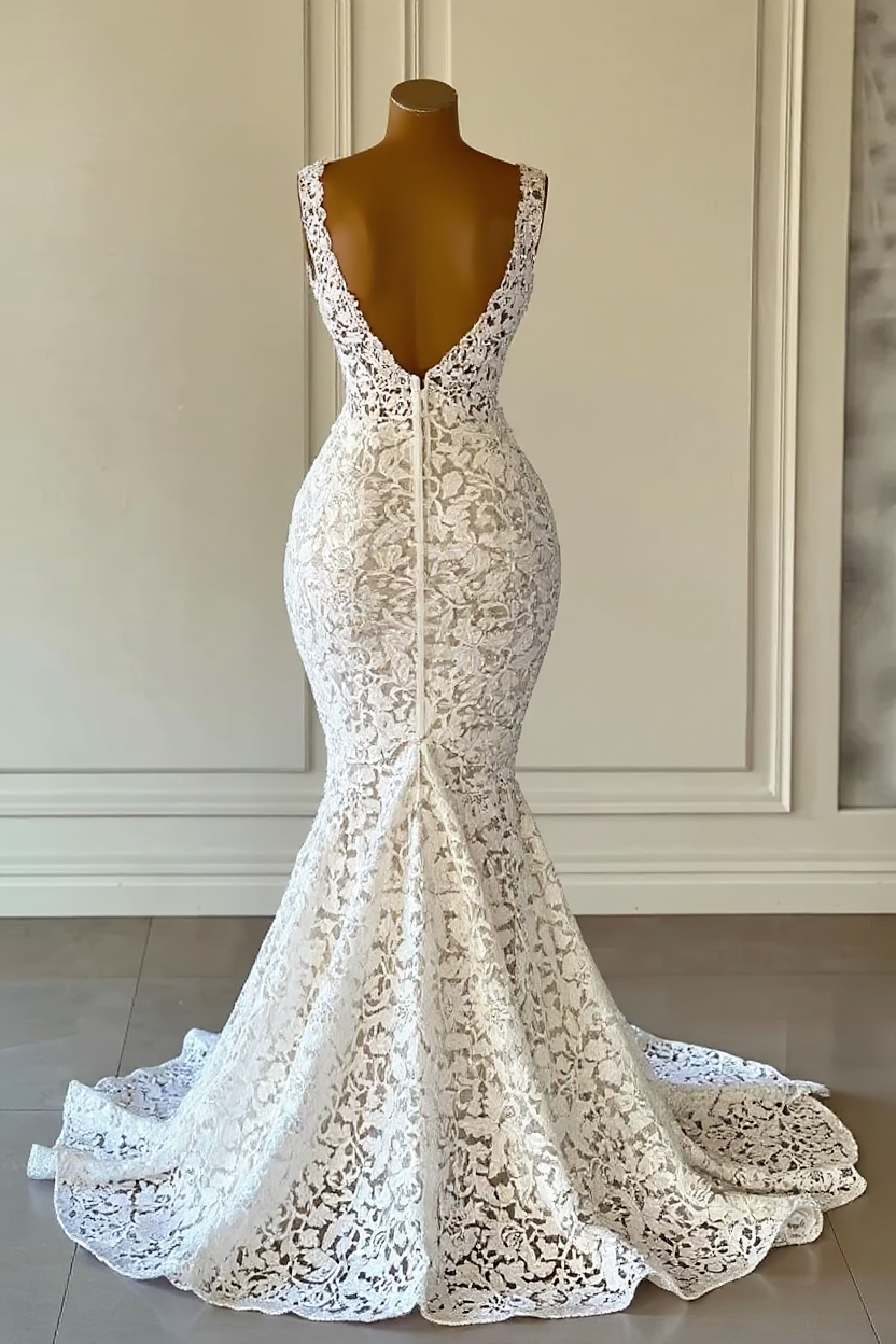 Gorgeous Long Mermaid V-neck Floral Lace Wedding Dresses