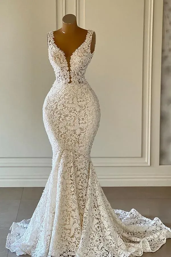 Gorgeous Long Mermaid V-neck Floral Lace Wedding Dresses