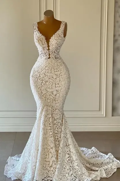 Gorgeous Long Mermaid V-neck Floral Lace Wedding Dresses