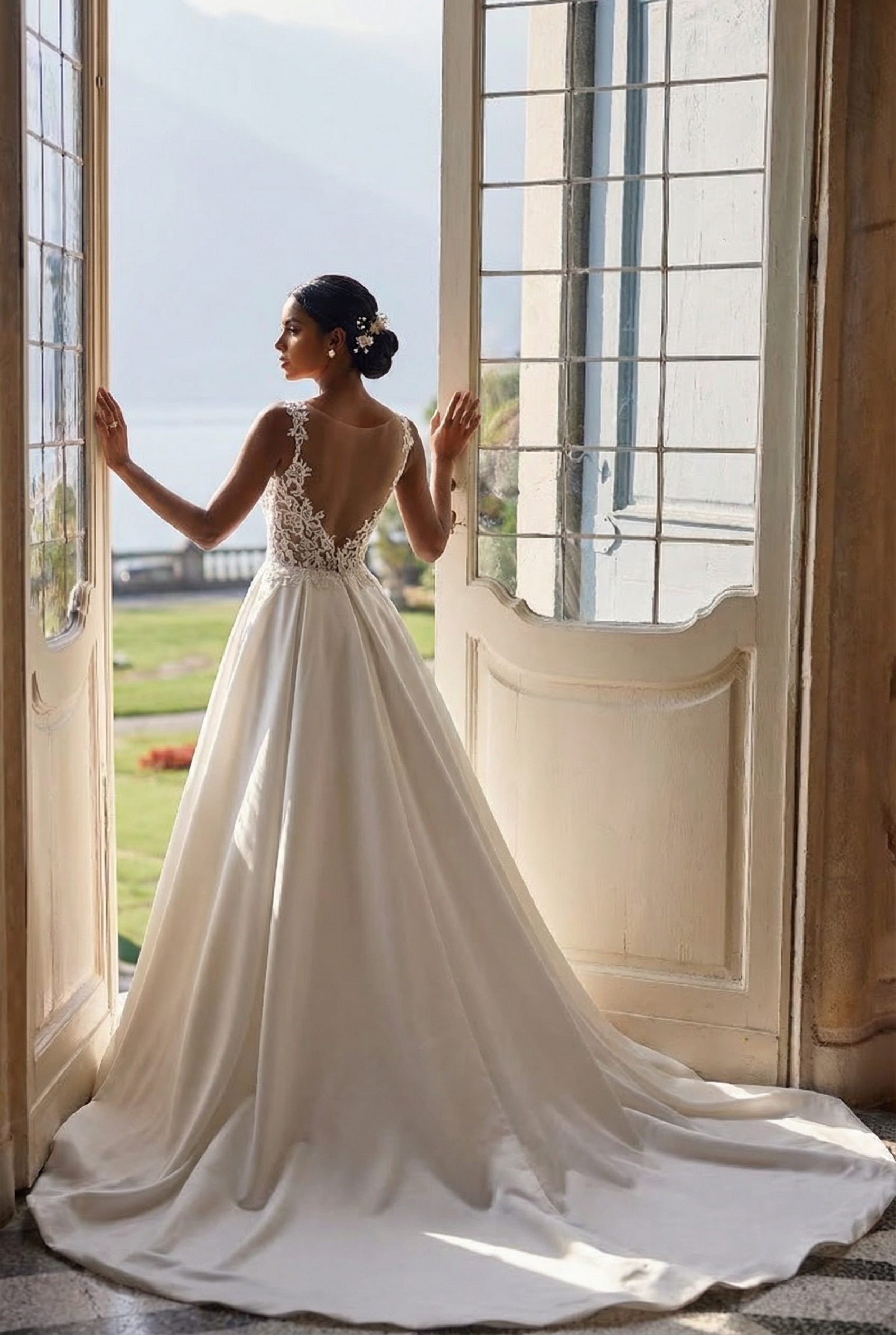 Long Mermaid V-neck Lace Wedding Dresses with Satin Detachable Train