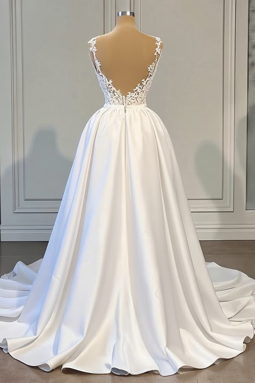 Plus Size Long Mermaid V-neck Lace Wedding Dresses with Satin Detachable Train