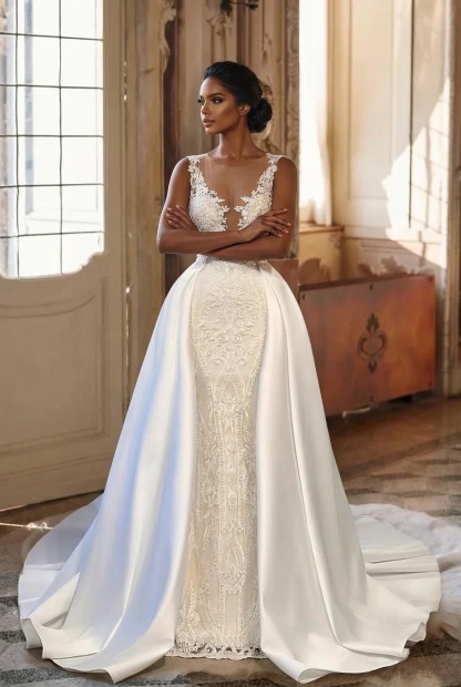 Long Mermaid V-neck Lace Wedding Dresses with Satin Detachable Train