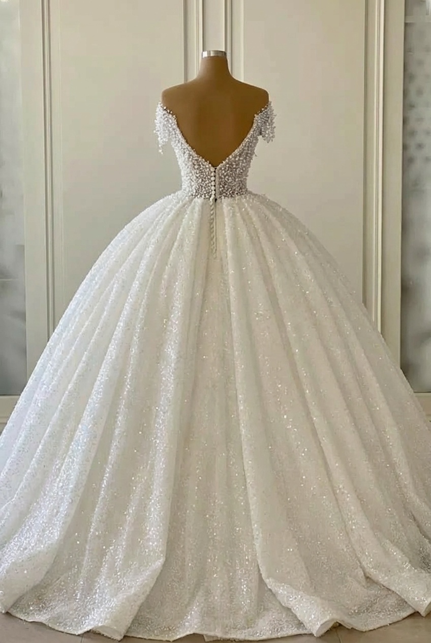Gorgeous Long Off the Shoulder Strapless Ball Gown Wedding Dress with Ruffles