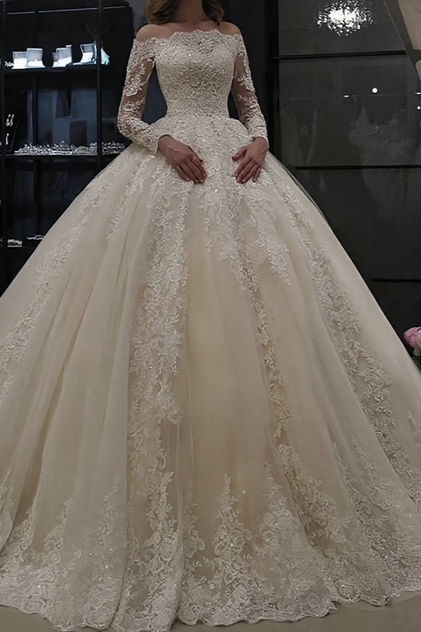 Gorgeous Long Sleeves Off the Shoulder Lace Ball Gown Wedding Dresses