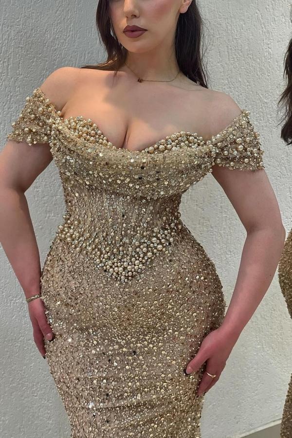Long Mermaid Off the Shoulder Sequins Tulle Beaded Formal Evening Dresses