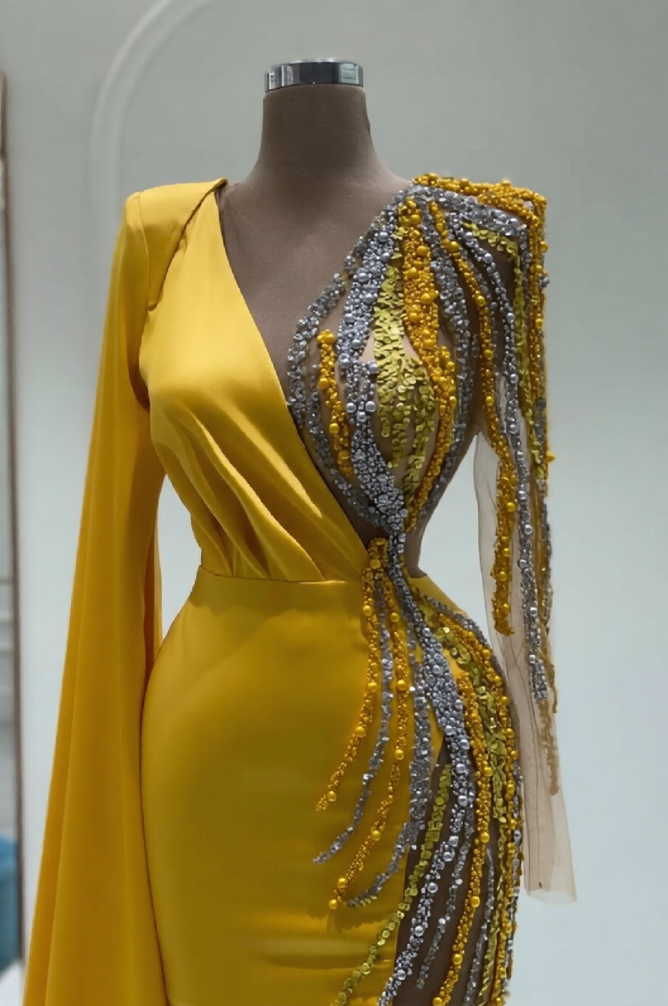 Gorgeous Yellow Long Mermaid V-neck Satin Beading Formal Dresses with Sleeves