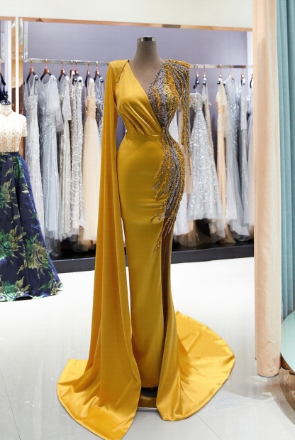 Gorgeous Yellow Long Mermaid V-neck Satin Beading Formal Dresses with Sleeves