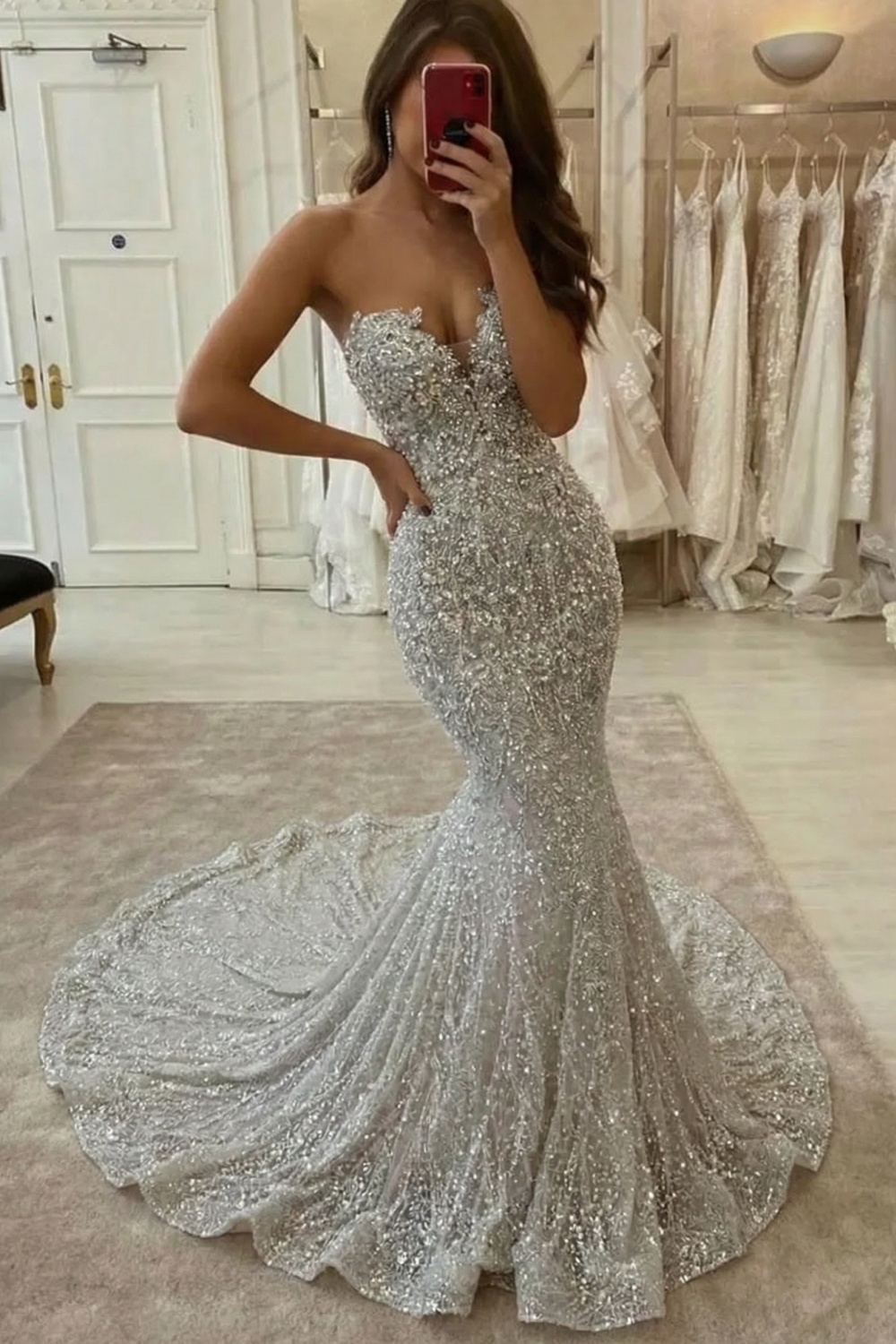 Gourgeous Long Mermaid Sweetheart Sleeveless Beadings Sequins Wedding Dress