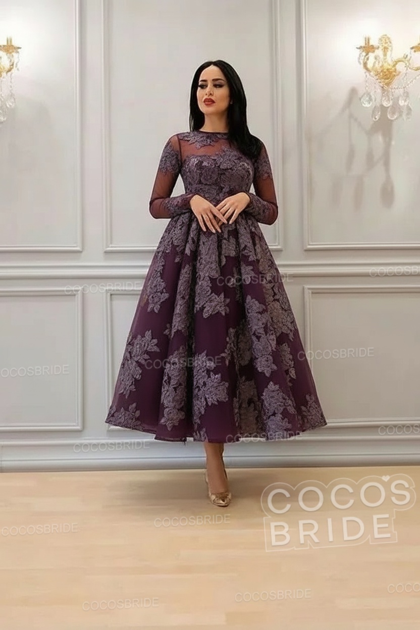 Elegant Short A-line High Neck Lace Ankle Length Formal Evening Dress with Sleeves