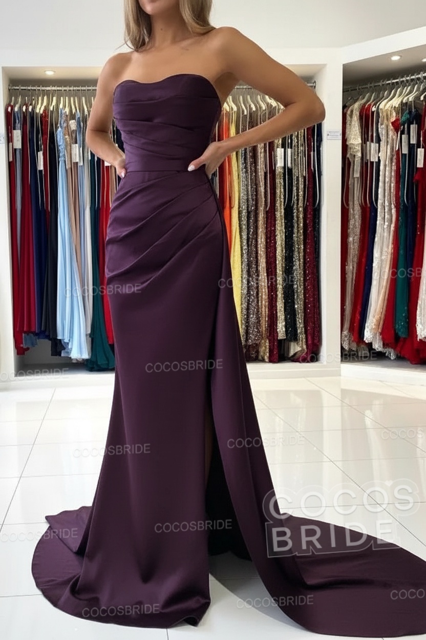 Long Mermaid Strapless Satin Prom Dress with Slit
