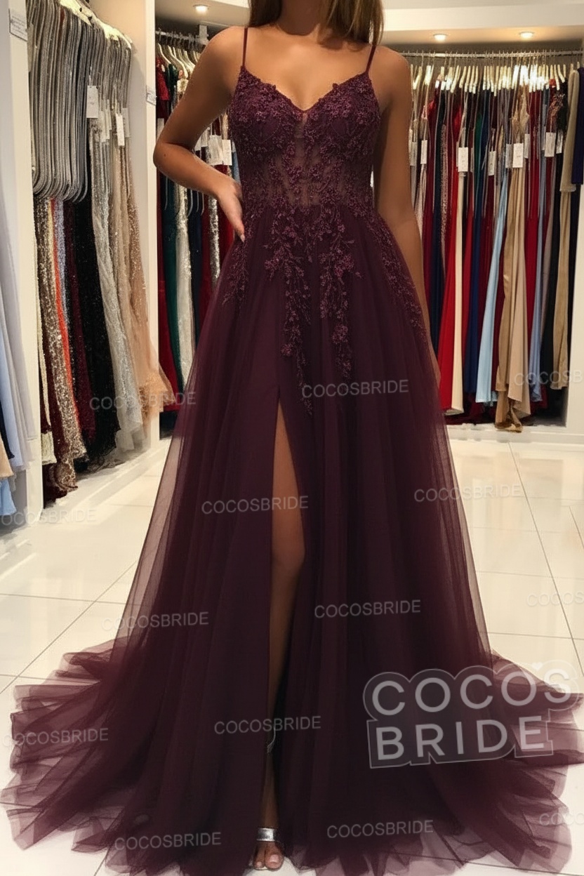 Long A-line V-neck Spaghetti Straps Open Back Prom Dress with Slit