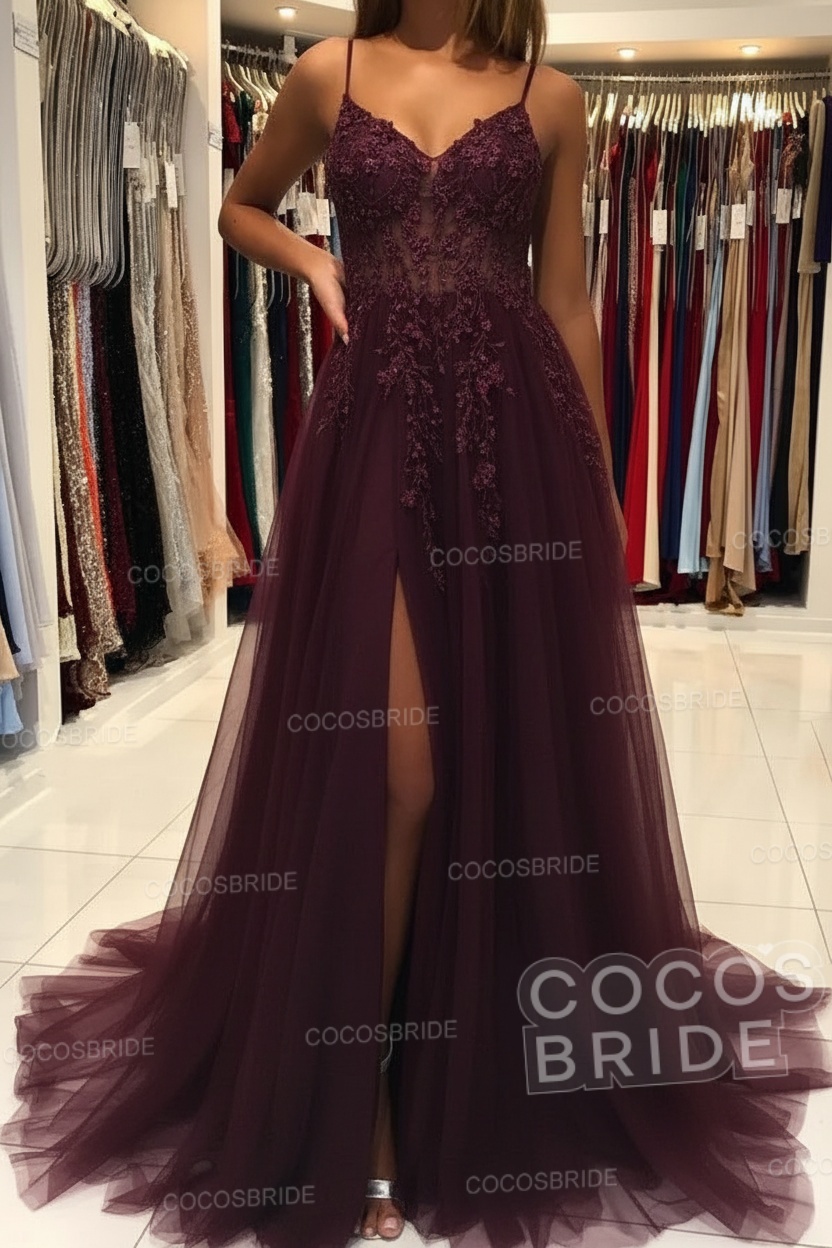 Long A-line V-neck Spaghetti Straps Open Back Prom Dress with Slit