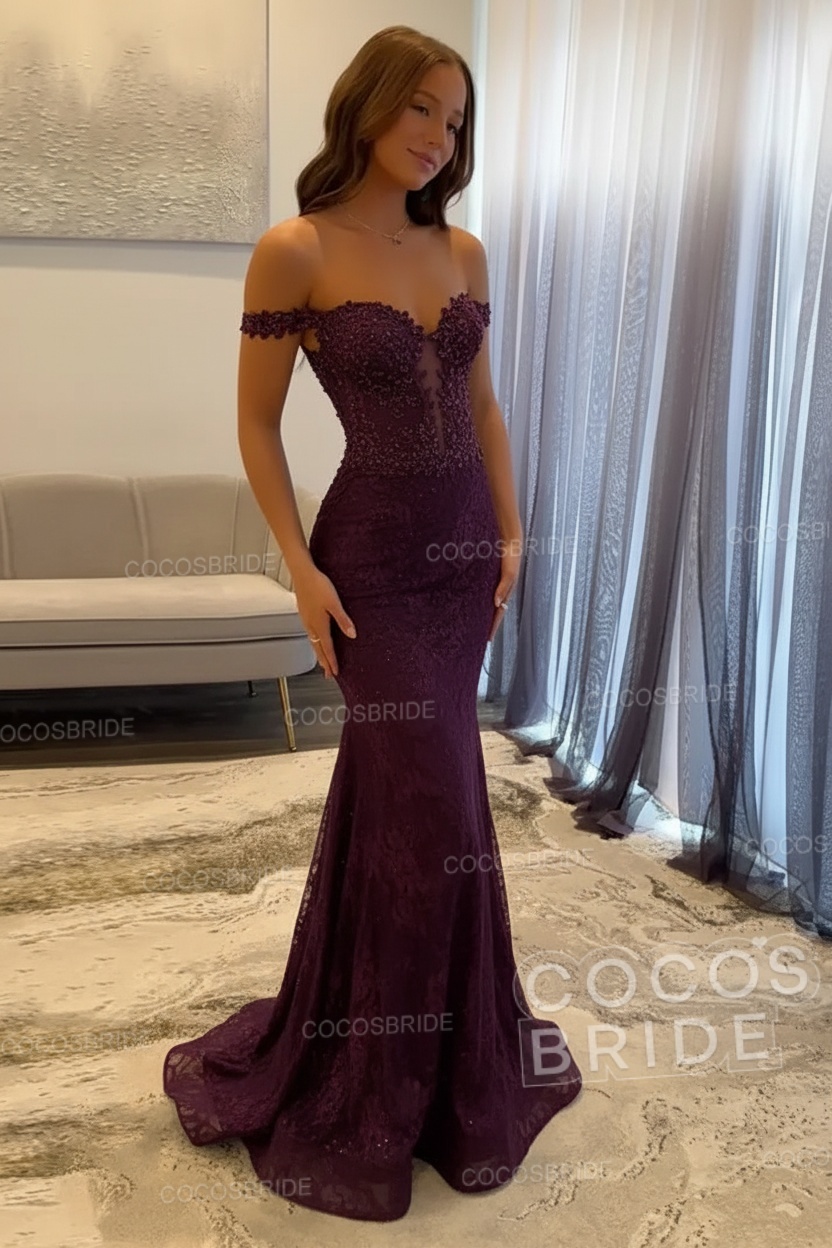 Dark Navy Long Mermaid Off the Shoulder Lace Prom Dress