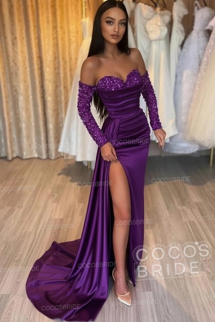 Long Mermaid Off the Shoulder Satin Front Slit Prom Dresses with Sleeves