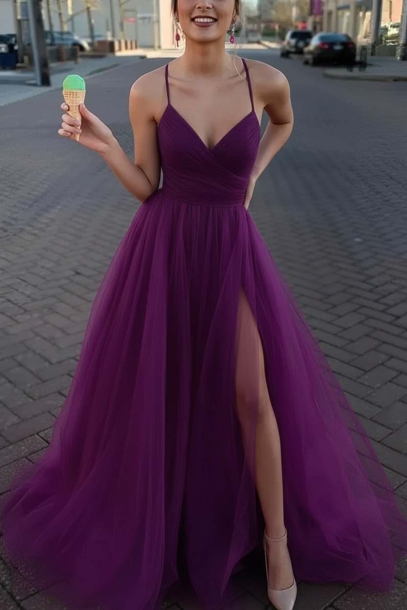 Long Spaghetti Straps V-neck A-Line Tulle Prom Dress With Side Slit