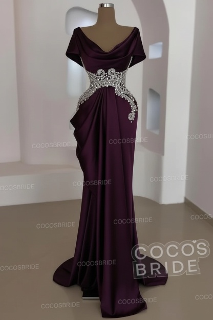 Mermaid Cowl Neck Satin Long Prom Dresses with Short Sleeves