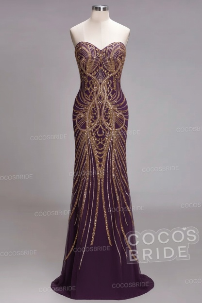 Mermaid Strapless Sweetheart Long Sequined Formal Evening Dresses with Beads