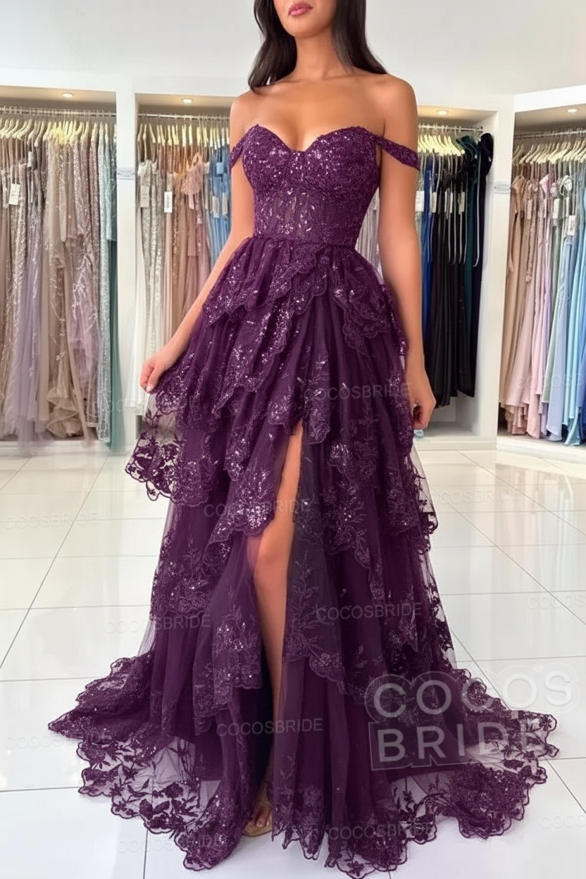 Off The Shoulder Sweetheart Lace A-Line Long Prom Dress with Slit