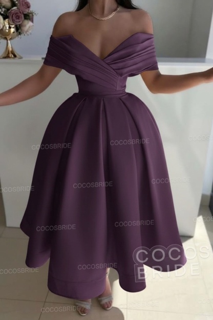 Off the Shoulder A-Line Satin Prom Dress with Pleated
