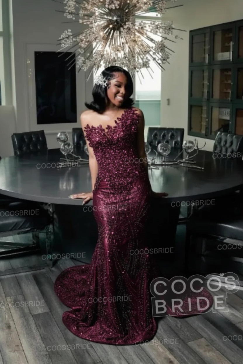 One Shoulder Sleeveless Mermaid Prom Dress with Beaded