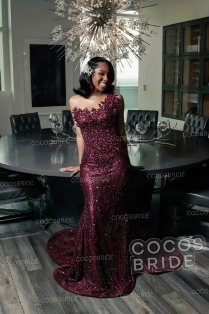 One Shoulder Sleeveless Mermaid Prom Dress with Beaded