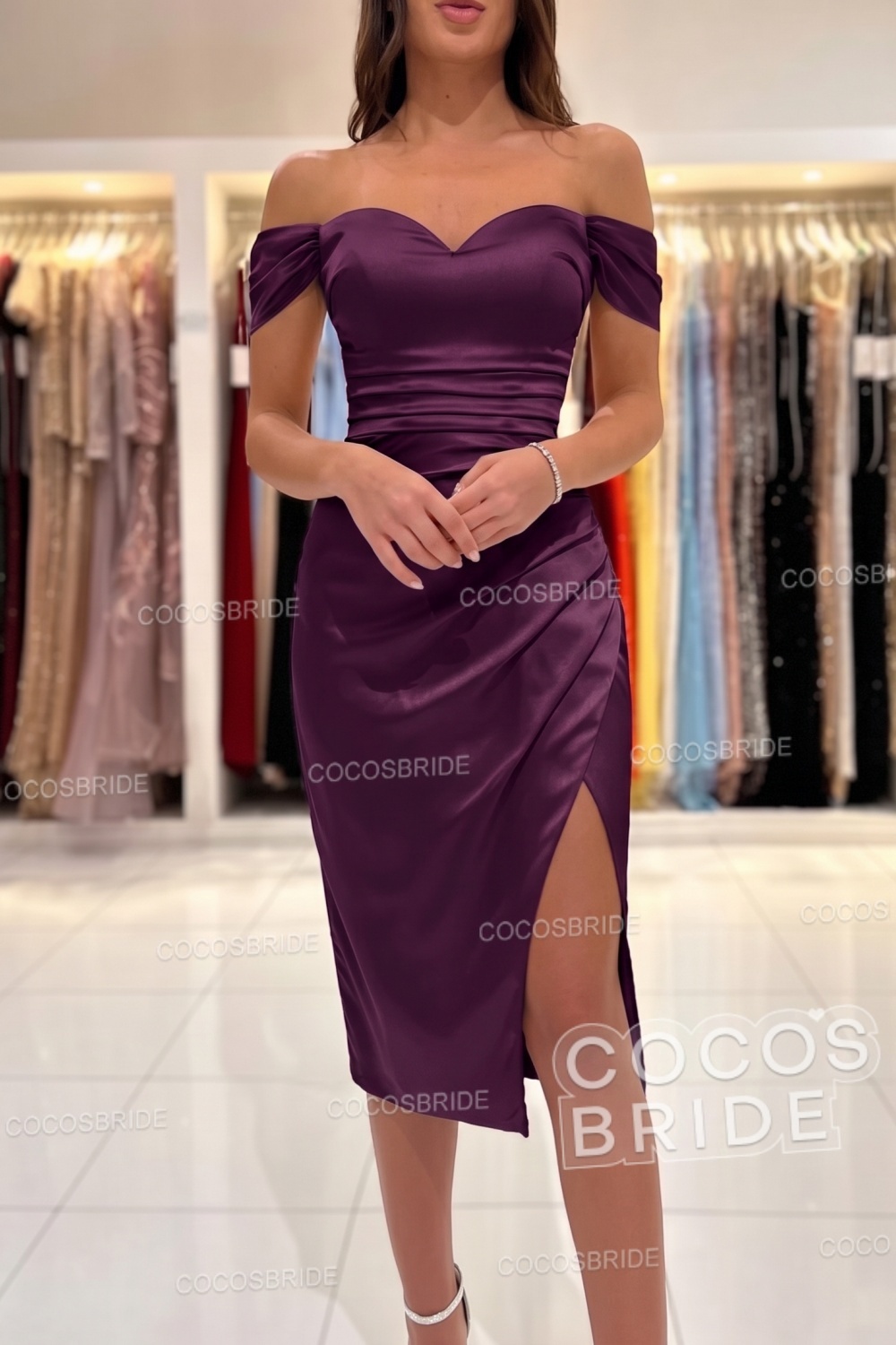 Short Mermaid Off the Shoulder Satin Party Dresses with Slit