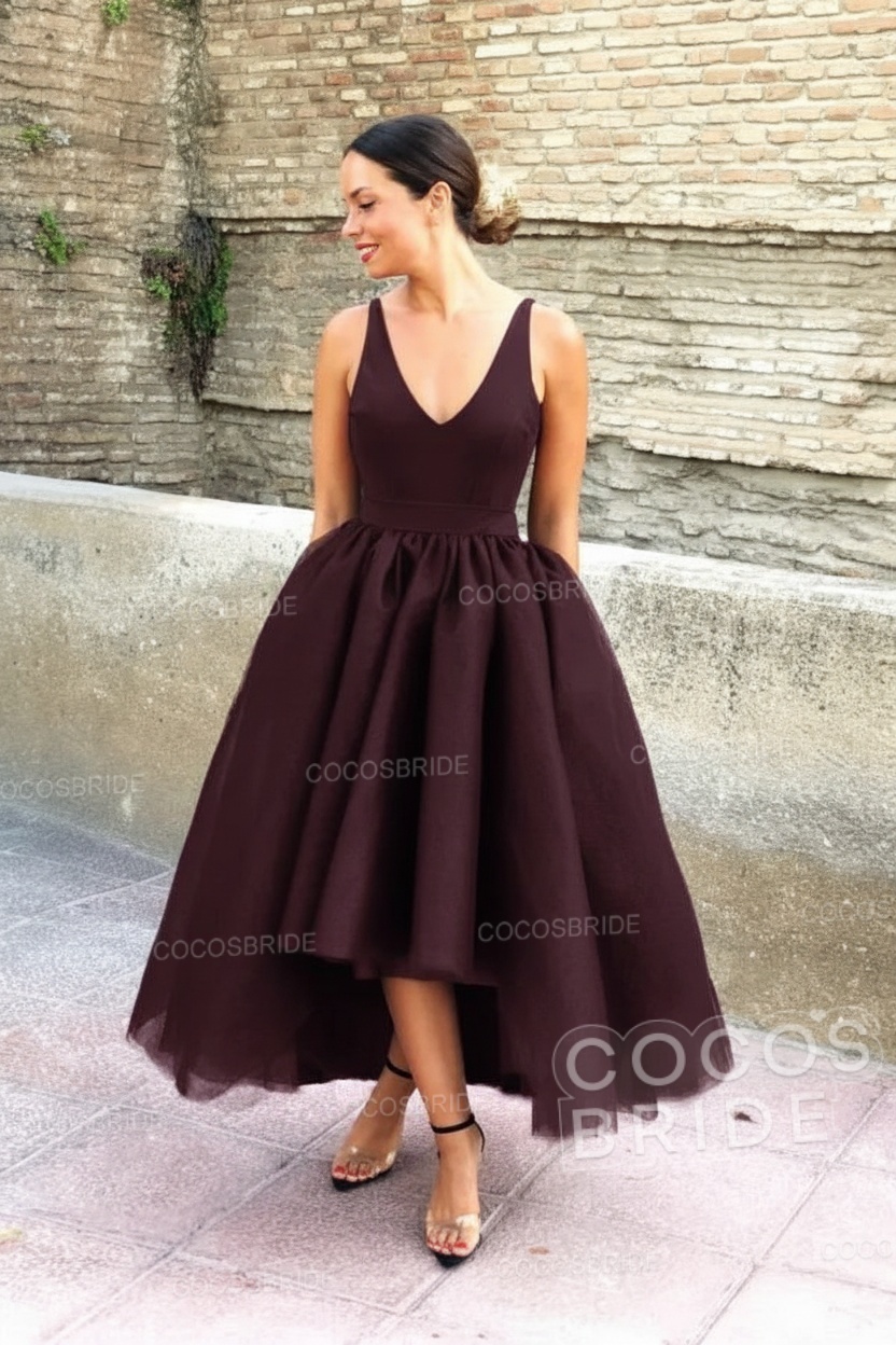 Simple Black V-neck Sleeveless Asymmetrical A-Line Prom Dresses