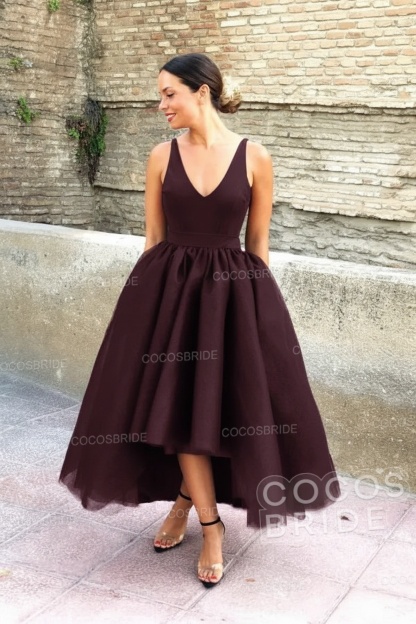 Simple Black V-neck Sleeveless Asymmetrical A-Line Prom Dresses