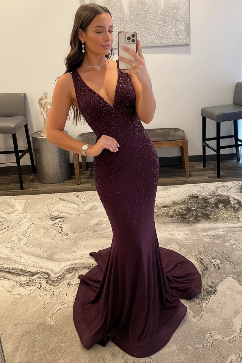 Orange Long Mermaid V neck Sequin Backless Prom Dress
