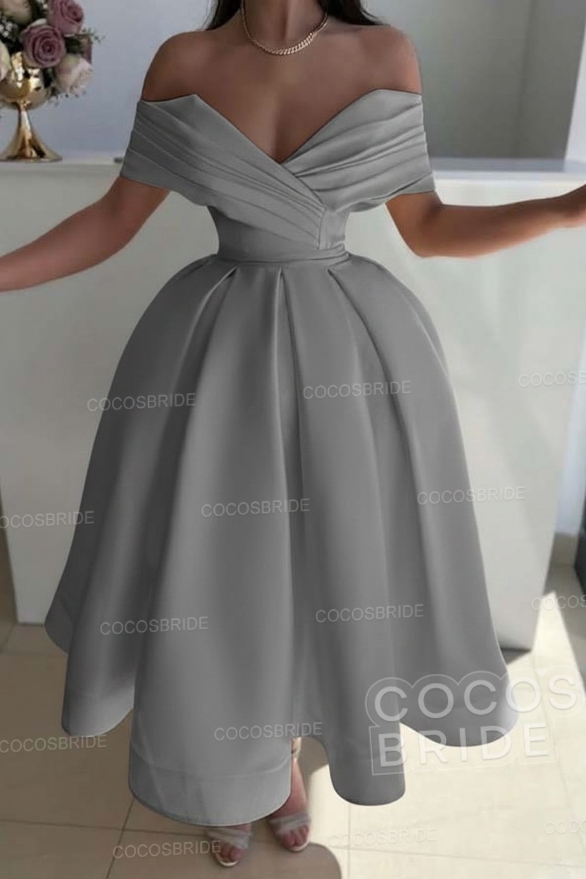 Off the Shoulder A-Line Satin Prom Dress with Pleated