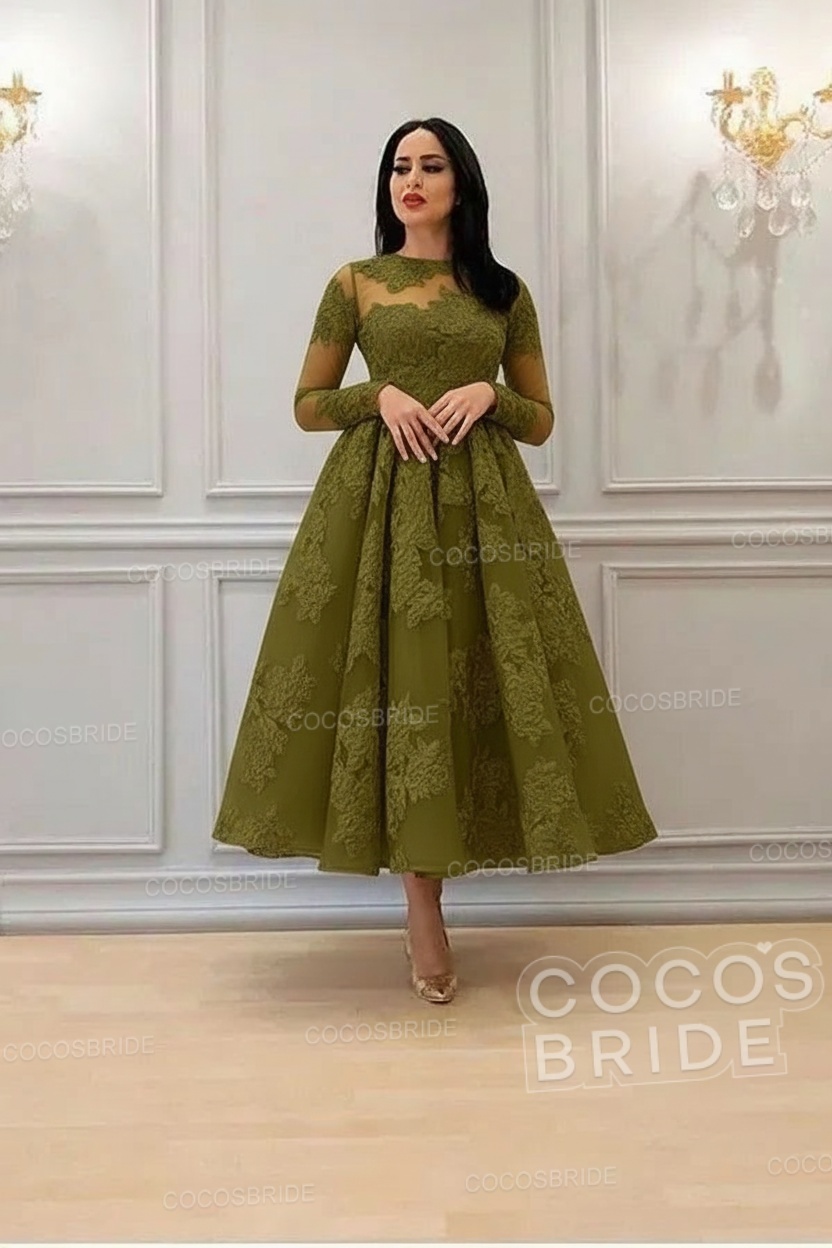 Elegant Short A-line High Neck Lace Ankle Length Formal Evening Dress with Sleeves