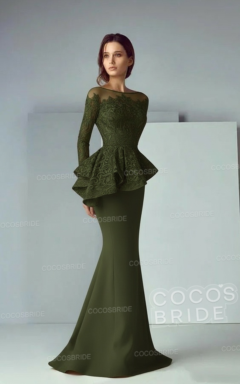 Modest Long Mermaid Lace Satin Formal Prom Dresses with Sleeves