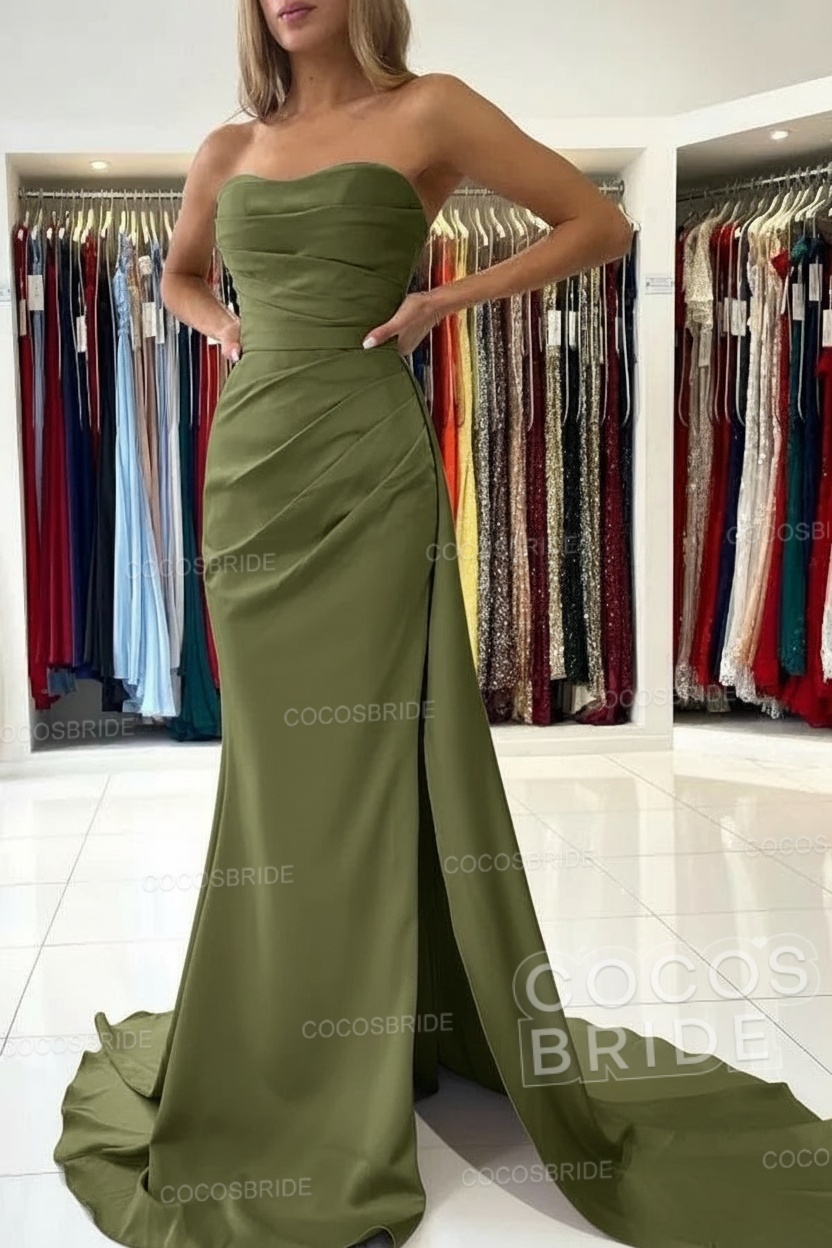Long Mermaid Strapless Satin Prom Dress with Slit