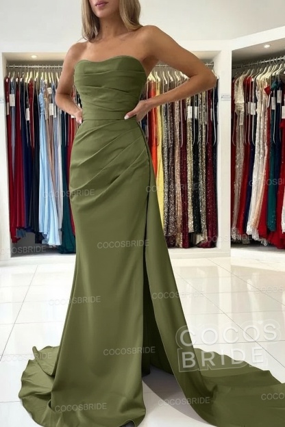Long Mermaid Strapless Satin Prom Dress with Slit