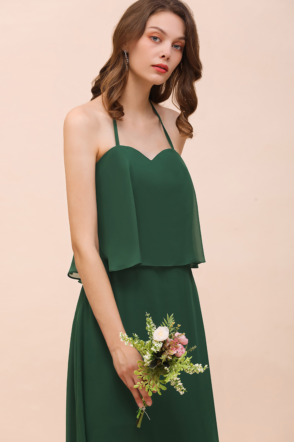 Dark Green Chiffon Spaghetti Straps Bridesmaid Dress Casual A-Line Party Dress