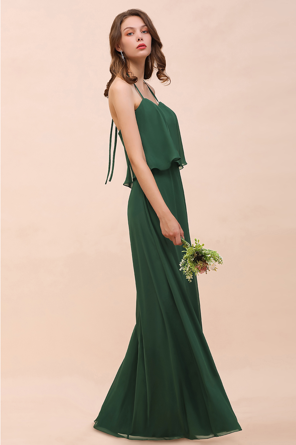 Dark Green Chiffon Spaghetti Straps Bridesmaid Dress Casual A-Line Party Dress