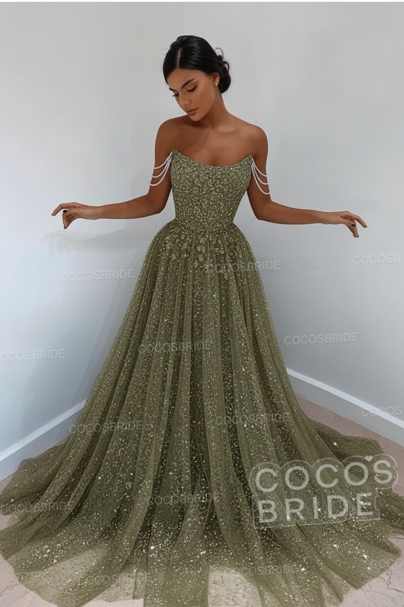 Long A-line Sparkly Sleeveless Sequined Formal Prom Dress