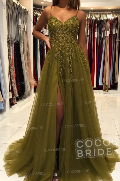 Long A-line V-neck Spaghetti Straps Open Back Prom Dress with Slit