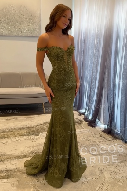 Dark Navy Long Mermaid Off the Shoulder Lace Prom Dress