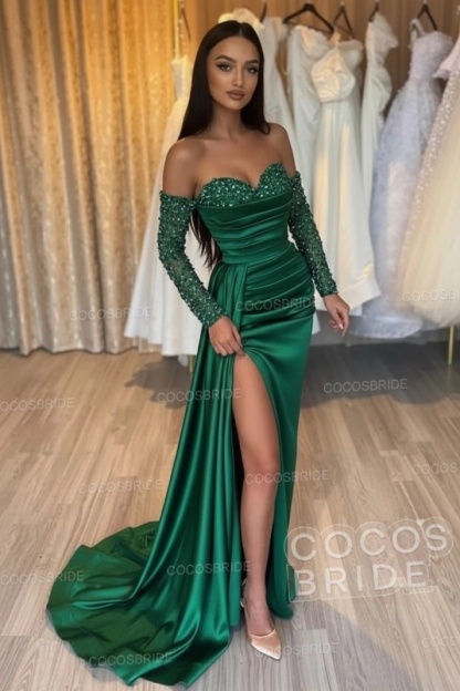 Long Mermaid Off the Shoulder Satin Front Slit Prom Dresses with Sleeves