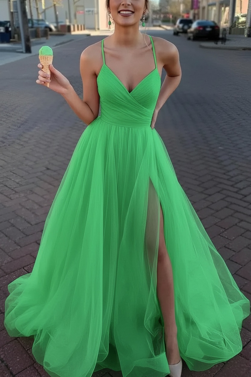 Long Spaghetti Straps V-neck A-Line Tulle Prom Dress With Side Slit