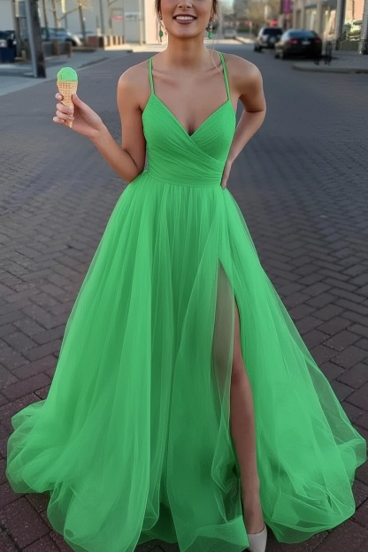 Long Spaghetti Straps V-neck A-Line Tulle Prom Dress With Side Slit