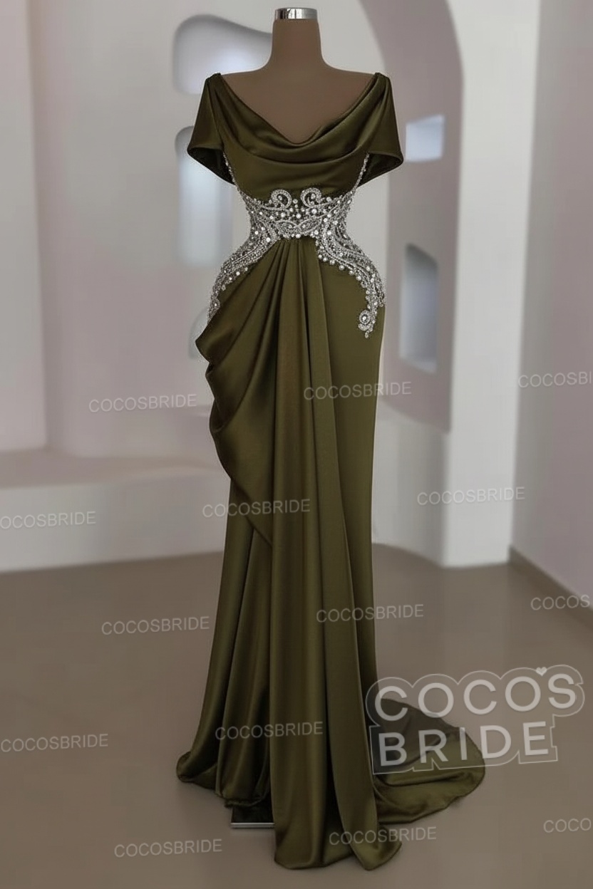 Mermaid Cowl Neck Satin Long Prom Dresses with Short Sleeves