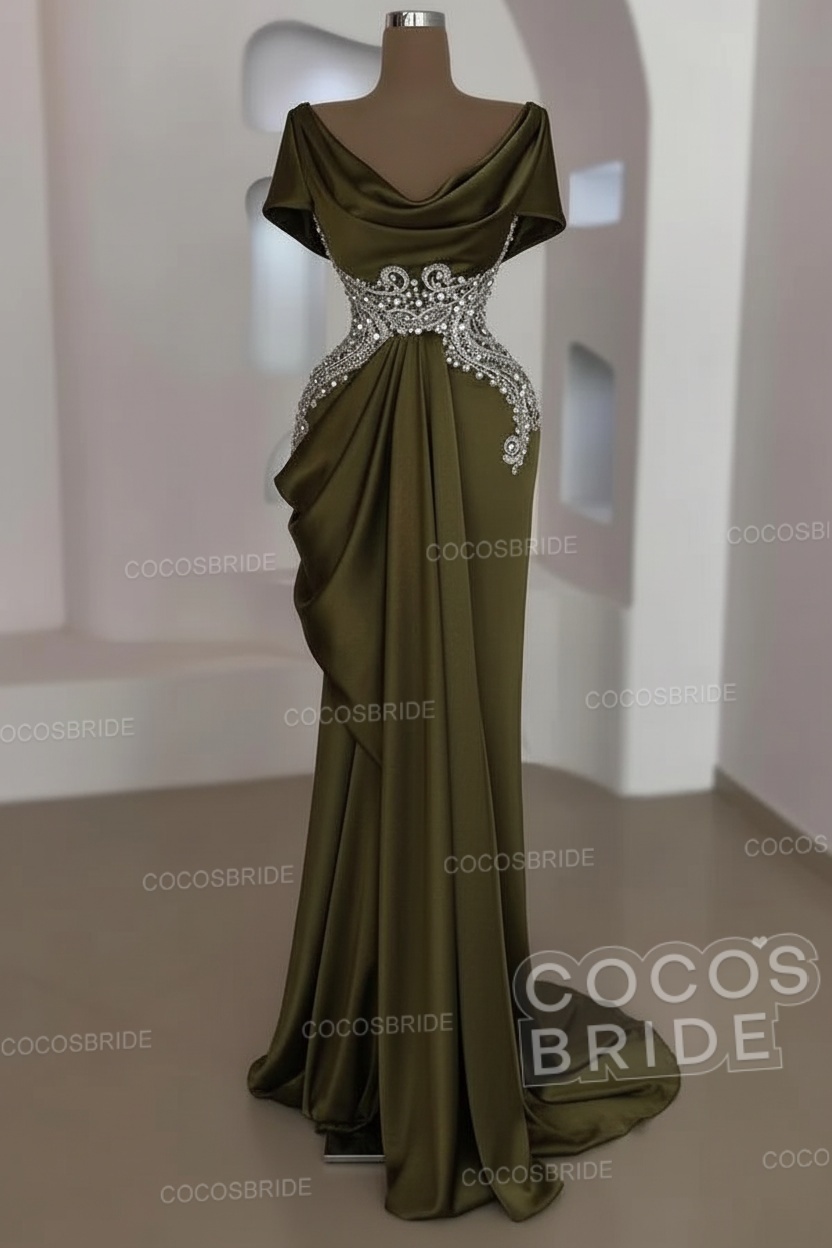 Mermaid Cowl Neck Satin Long Prom Dresses with Short Sleeves