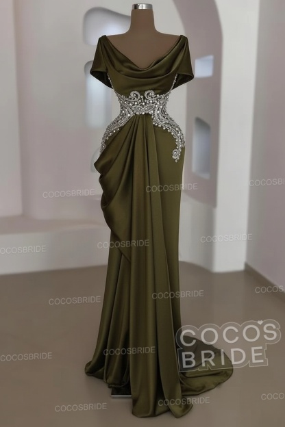 Mermaid Cowl Neck Satin Long Prom Dresses with Short Sleeves