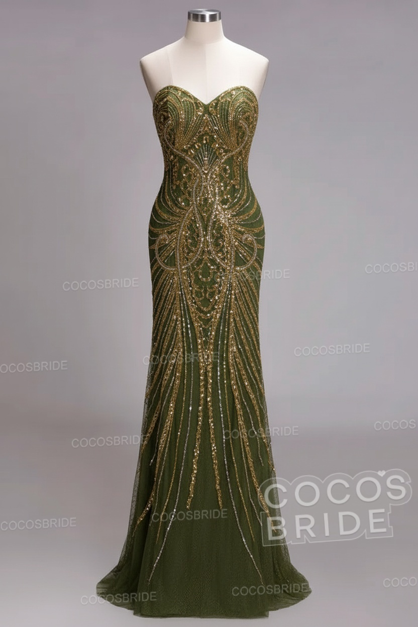 Mermaid Strapless Sweetheart Long Sequined Formal Evening Dresses with Beads